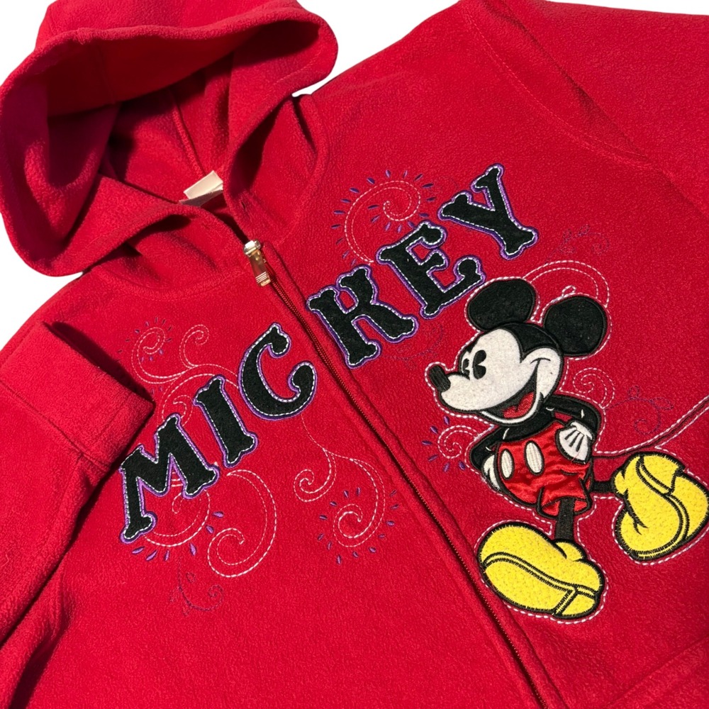 Disney Mickey Mouse Fleece Hoodie Womens Large Red Full Zip Embroidered Graphic
